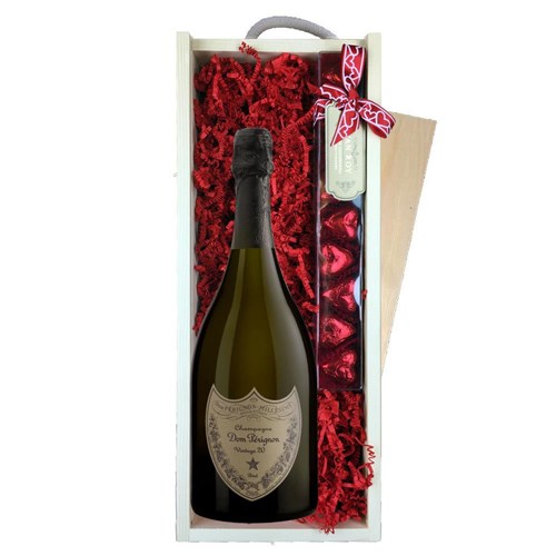 Dom Perignon Cuvee Prestige Brut 2015 Champagne 75cl & Chocolate Praline Hearts, Wooden Box